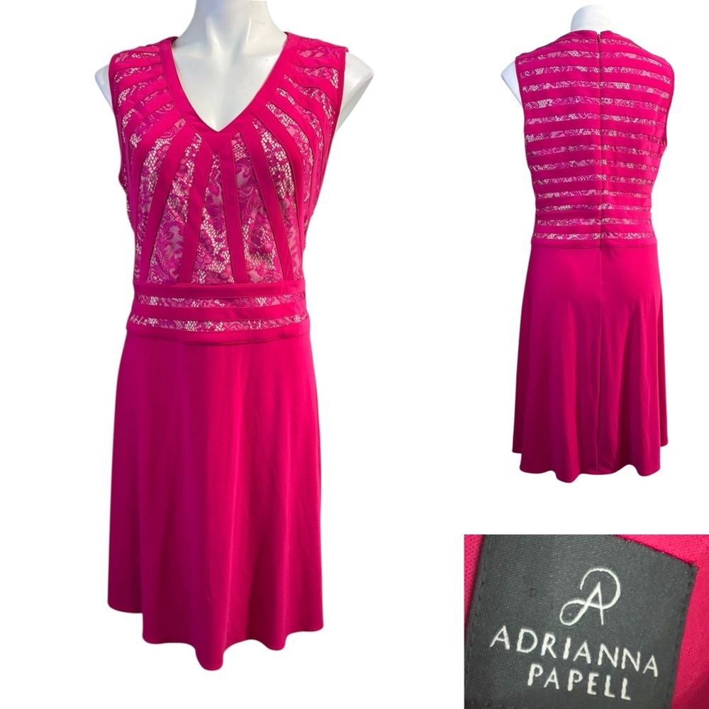 Adrianna Papell Fuchsia Pink Lace Inset V-Neck Dress